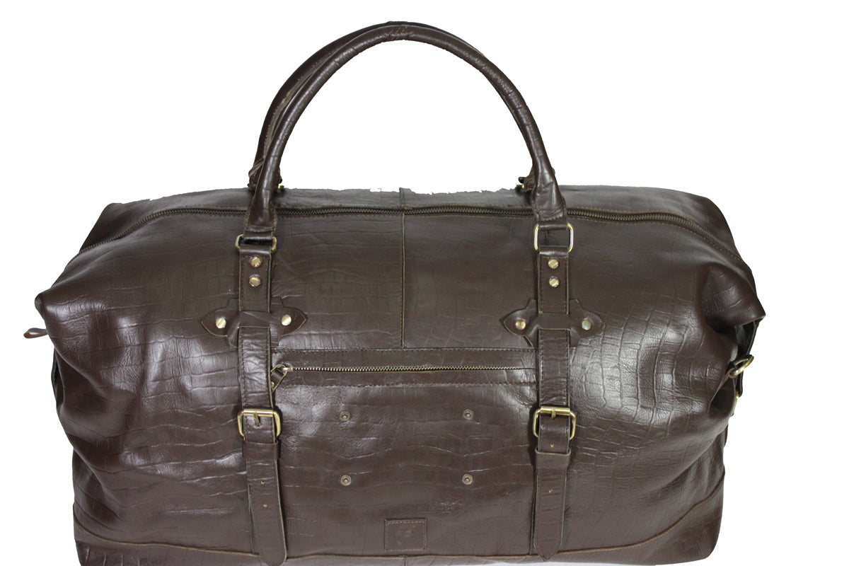 Klassieke leren weekendtas in prachtige bruine croco print